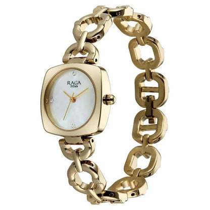 Raga Showstopper Quartz Analog Mother of Pearl Dial Golden Metal Strap Watch For Women 95481ym01