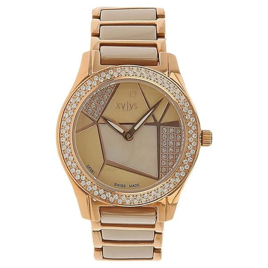 Xylys Shimmer Swiss Analog Steel & Ceramic Mother of Pearl White Dial Watch for Women nt9766wd02m