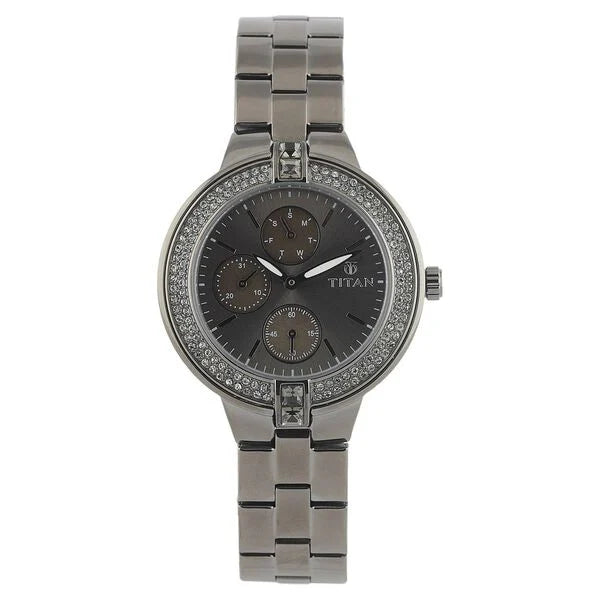 Titan Quartz Analog with Day and Date Grey Dial Stainless Steel Strap Watch for Women nf9967qm01j