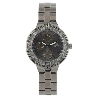 Titan Quartz Analog with Day and Date Grey Dial Stainless Steel Strap Watch for Women nf9967qm01j