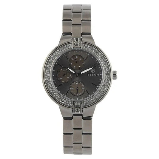 Titan Quartz Analog with Day and Date Grey Dial Stainless Steel Strap Watch for Women nf9967qm01j