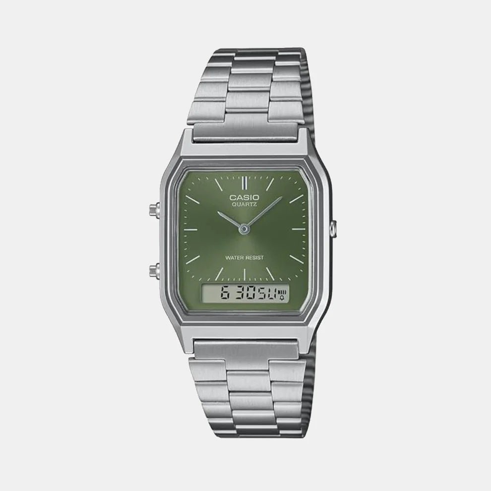 Casio Vintage Unisex Quartz Green Dial Analog Stainless Steel Watch AD278