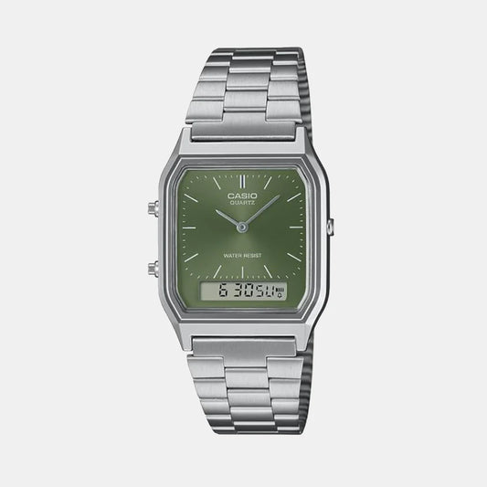 Casio Vintage Unisex Quartz Green Dial Analog Stainless Steel Watch AD278