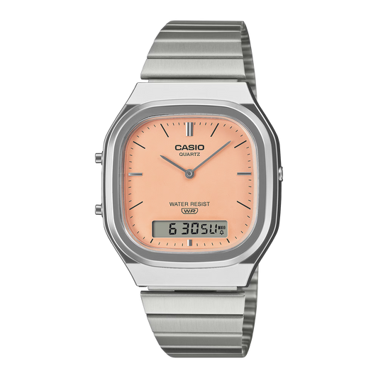 CASIO VINTAGE SILVER STAINLESS STEEL ORANGE DIAL UNISEX WATCH AQ-240E-4A