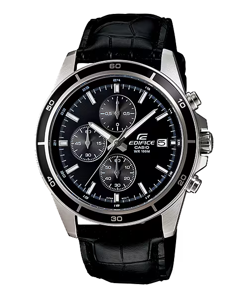 Edifice Men Quartz Black Dial Chronograph Leather Watch EX096