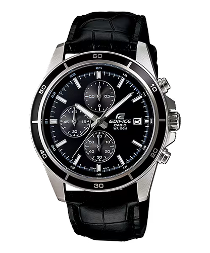 Edifice Men Quartz Black Dial Chronograph Leather Watch EX096