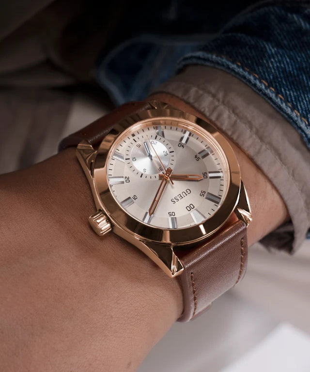 GUESS Grayson Analog Watch for Man with Grey Round Dial & Brown Leather Strap Band Water Resistant Men's Wrist Watches - GW0793G3