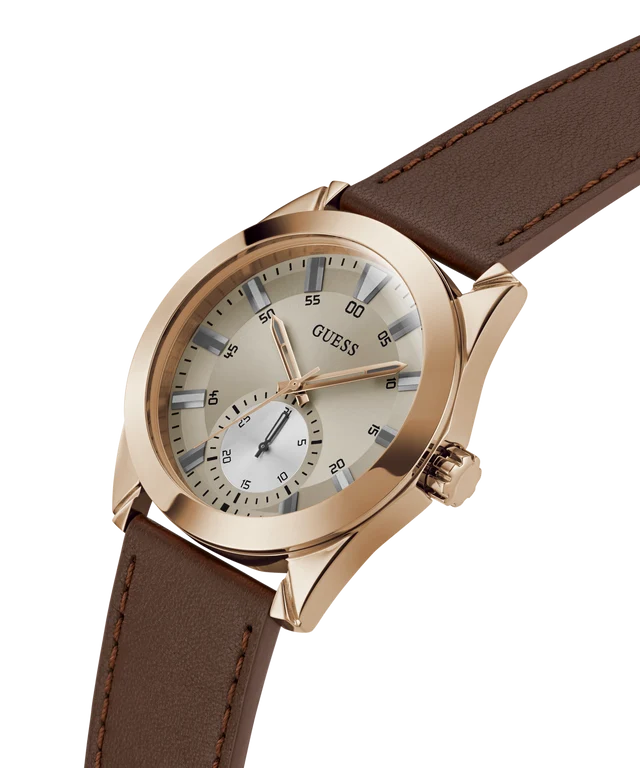 GUESS Grayson Analog Watch for Man with Grey Round Dial & Brown Leather Strap Band Water Resistant Men's Wrist Watches - GW0793G3