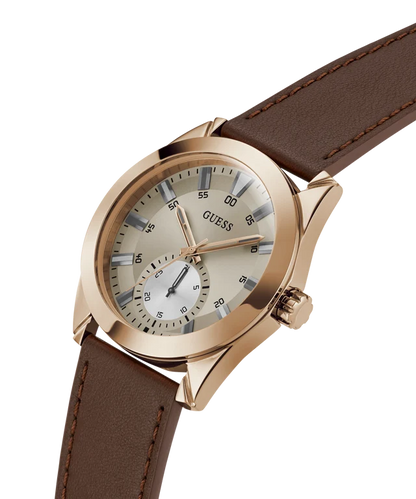 GUESS Grayson Analog Watch for Man with Grey Round Dial & Brown Leather Strap Band Water Resistant Men's Wrist Watches - GW0793G3