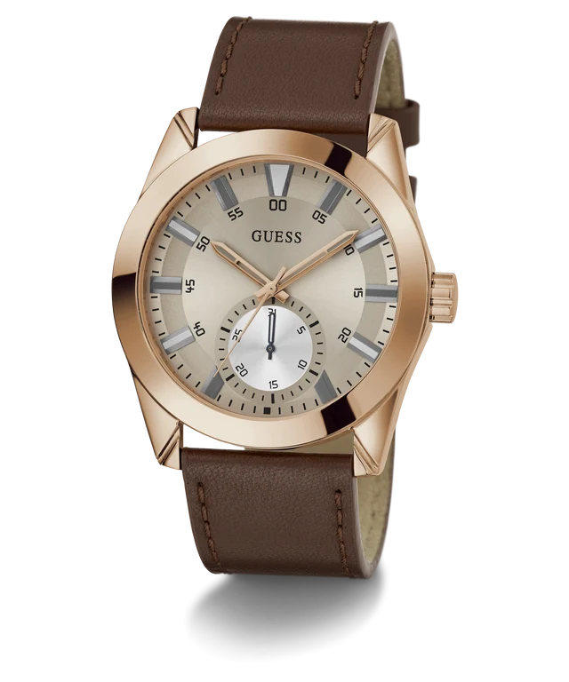 GUESS Grayson Analog Watch for Man with Grey Round Dial & Brown Leather Strap Band Water Resistant Men's Wrist Watches - GW0793G3
