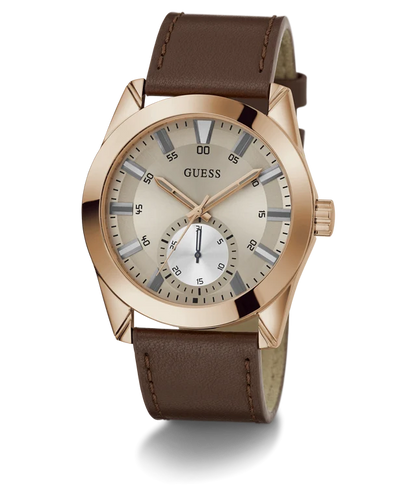 GUESS Grayson Analog Watch for Man with Grey Round Dial & Brown Leather Strap Band Water Resistant Men's Wrist Watches - GW0793G3