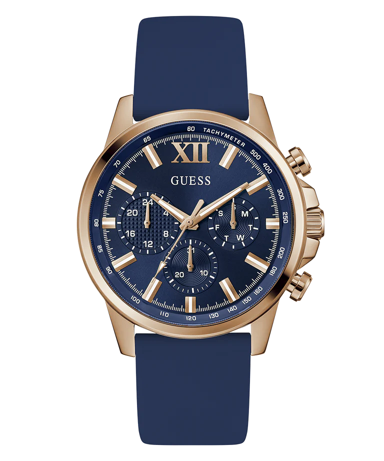 GUESS Mens Blue Rose Gold Tone Multi-function Watch GW0913G1