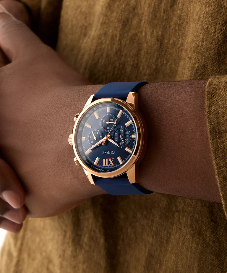 GUESS Mens Blue Rose Gold Tone Multi-function Watch GW0913G1