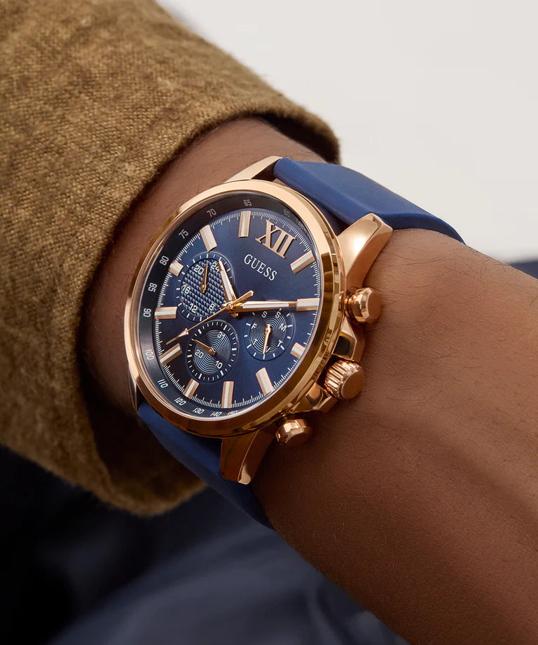 GUESS Mens Blue Rose Gold Tone Multi-function Watch GW0913G1