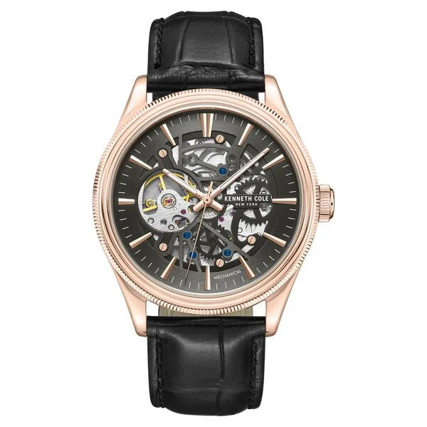 Kenneth Cole Mechanical Hand Wound Analog Mechanical Grey Dial With Black Leather Strap Watch For Men ntkcwge0048904mn