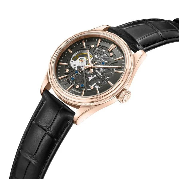 Kenneth Cole Mechanical Hand Wound Analog Mechanical Grey Dial With Black Leather Strap Watch For Men ntkcwge0048904mn