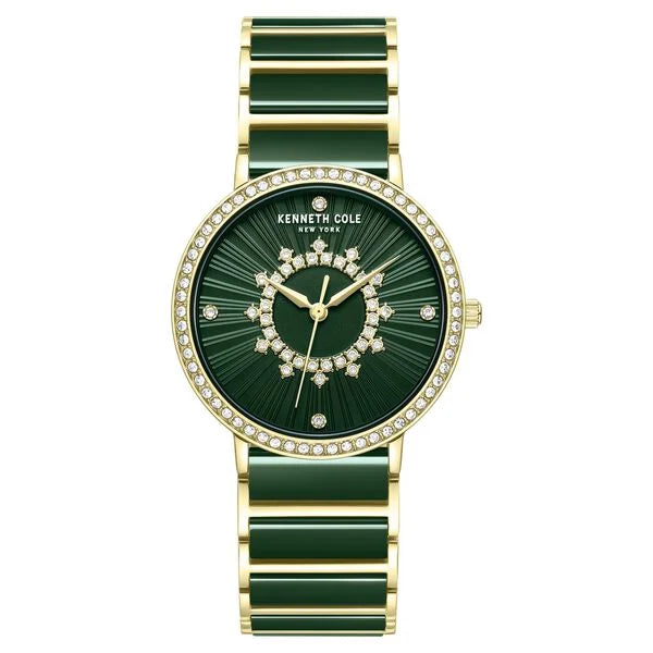 Kenneth Cole Quartz Analog Green Dial Golden Ceramic Strap Watch For Women
