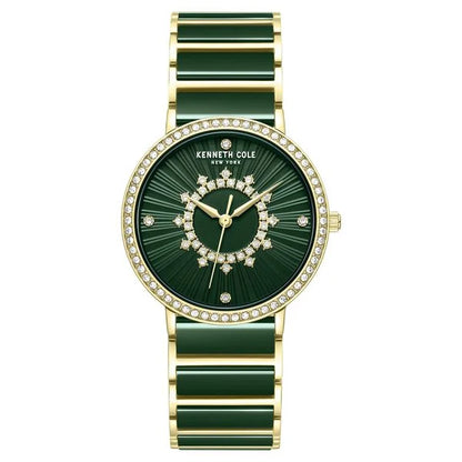 Kenneth Cole Quartz Analog Green Dial Golden Ceramic Strap Watch For Women
