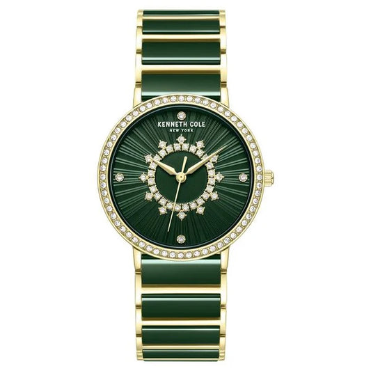 Kenneth Cole Quartz Analog Green Dial Golden Ceramic Strap Watch For Women
