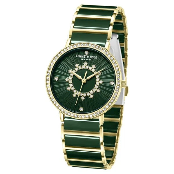 Kenneth Cole Quartz Analog Green Dial Golden Ceramic Strap Watch For Women