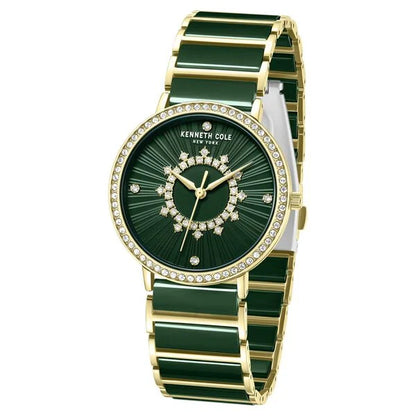 Kenneth Cole Quartz Analog Green Dial Golden Ceramic Strap Watch For Women