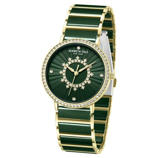 Kenneth Cole Quartz Analog Green Dial Golden Ceramic Strap Watch For Women