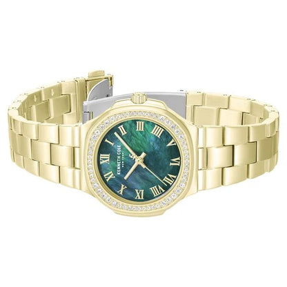 Kenneth Cole Quartz Analog Green Mother of Pearl Dial Golden Stainless Steel Strap Watch For Women