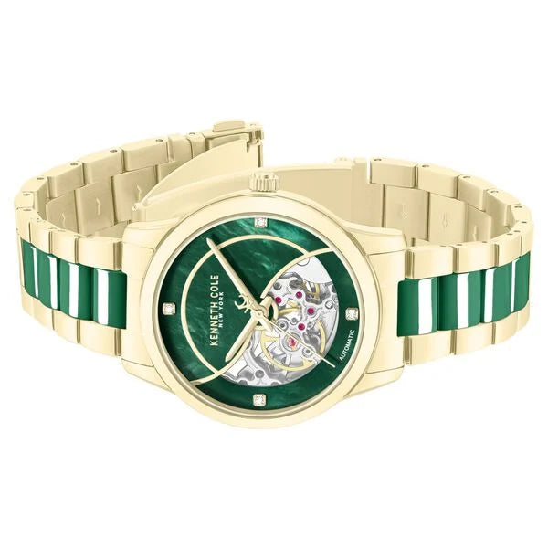 Kenneth Cole Automatic Automatic Green Mother of Pearl Dial Golden Ceramic Strap Watch For Women