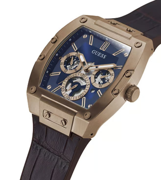 Guess Chronograph Blue Dial Men's Watch-GW0202G2 Genuine Leather, Brown Strap