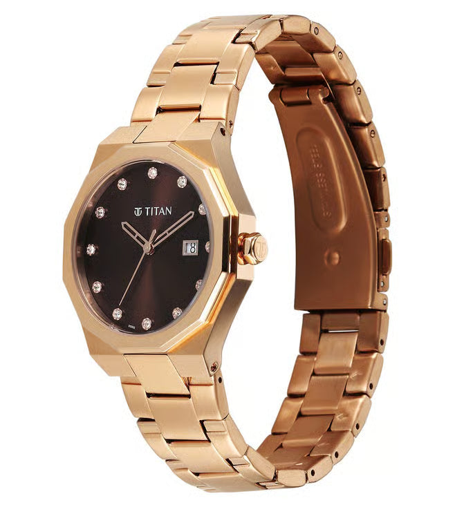 Titan Titan Purple Time Deluxe Quartz Analog Brown Dial Rose Gold Metal Strap Watch For Women 95376wm01