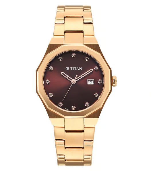 Titan Titan Purple Time Deluxe Quartz Analog Brown Dial Rose Gold Metal Strap Watch For Women 95376wm01