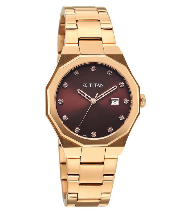 Titan Titan Purple Time Deluxe Quartz Analog Brown Dial Rose Gold Metal Strap Watch For Women 95376wm01