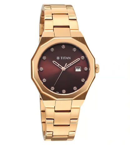 Titan Titan Purple Time Deluxe Quartz Analog Brown Dial Rose Gold Metal Strap Watch For Women 95376wm01