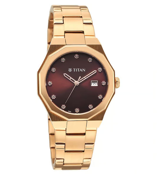 Titan Titan Purple Time Deluxe Quartz Analog Brown Dial Rose Gold Metal Strap Watch For Women 95376wm01