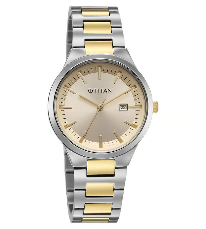 Titan Workday Wonders Quartz Analog Champagne Dial Two Toned Metal Strap Watch For Women 95369bm01