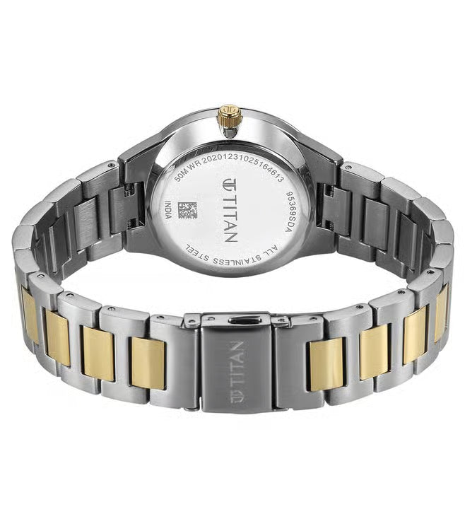 Titan Workday Wonders Quartz Analog Champagne Dial Two Toned Metal Strap Watch For Women 95369bm01