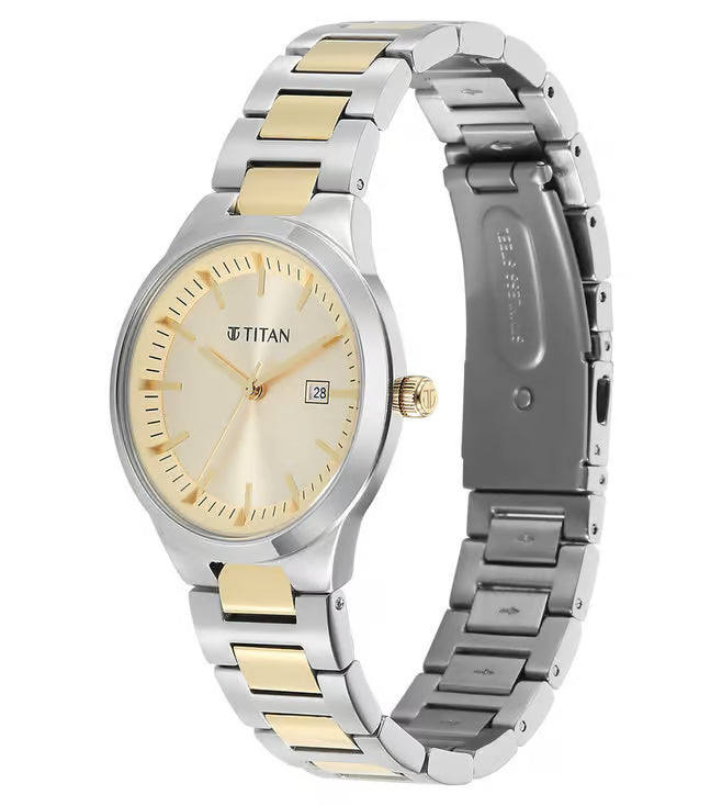 Titan Workday Wonders Quartz Analog Champagne Dial Two Toned Metal Strap Watch For Women 95369bm01