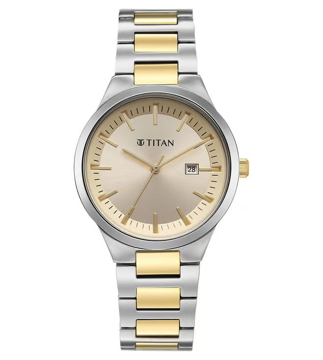 Titan Workday Wonders Quartz Analog Champagne Dial Two Toned Metal Strap Watch For Women 95369bm01