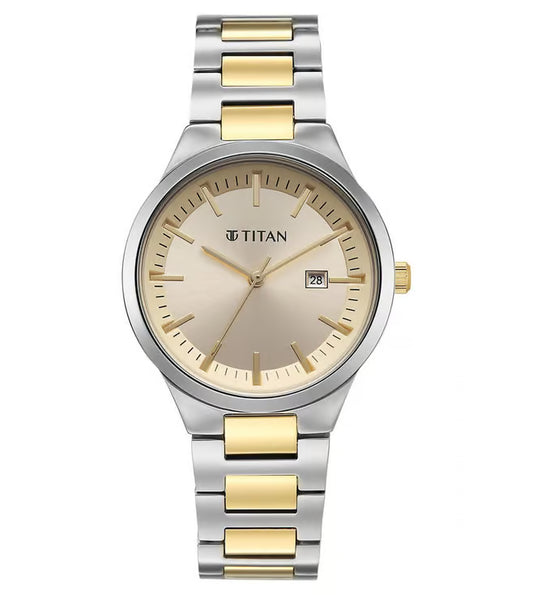 Titan Workday Wonders Quartz Analog Champagne Dial Two Toned Metal Strap Watch For Women 95369bm01