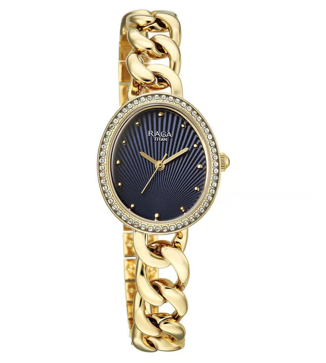 Titan Raga Spotlight Quartz Analog Blue Dial Golden Metal Strap Watch For Women 95429ym01