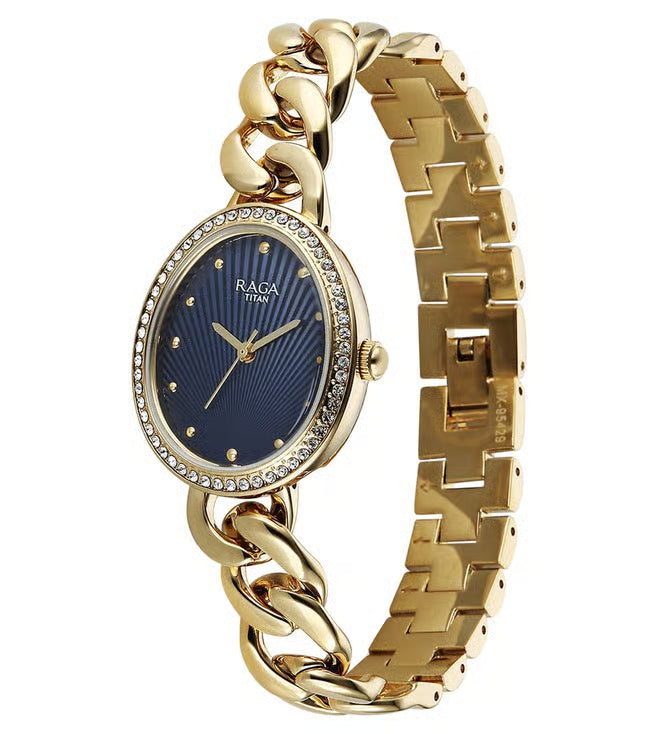 Titan Raga Spotlight Quartz Analog Blue Dial Golden Metal Strap Watch For Women 95429ym01