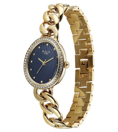 Titan Raga Spotlight Quartz Analog Blue Dial Golden Metal Strap Watch For Women 95429ym01