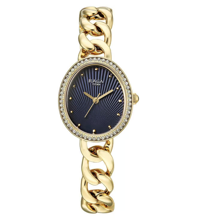 Titan Raga Spotlight Quartz Analog Blue Dial Golden Metal Strap Watch For Women 95429ym01