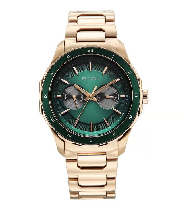 Titan Regalia Opulent Two-Eye Multifunction Green Panda Dial Carnation Leather Strap Watch For Men 1688km11 Men's Watch