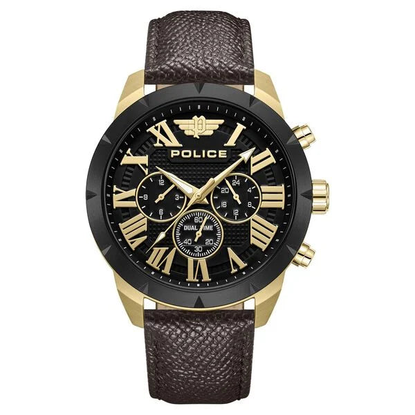 Police Quartz Multifunction Black Dial Brown Leather Strap Watch For Men