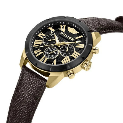 Police Quartz Multifunction Black Dial Brown Leather Strap Watch For Men