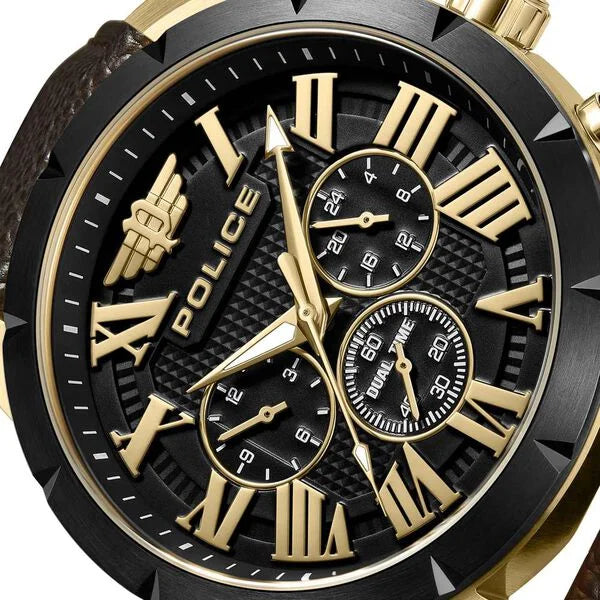 Police Quartz Multifunction Black Dial Brown Leather Strap Watch For Men