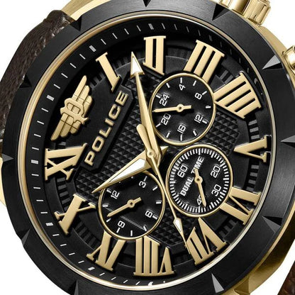 Police Quartz Multifunction Black Dial Brown Leather Strap Watch For Men
