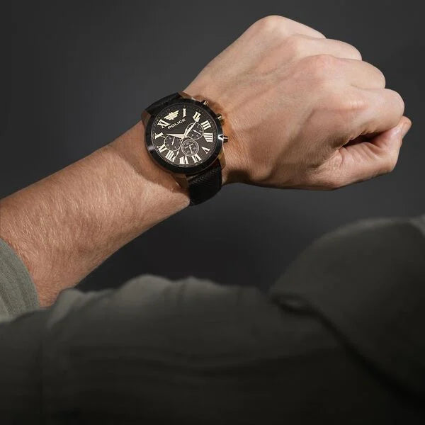 Police Quartz Multifunction Black Dial Brown Leather Strap Watch For Men