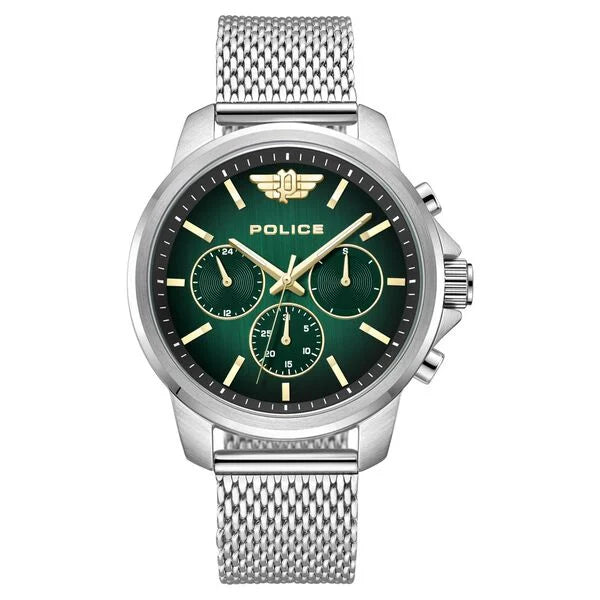 Police Multifunction Black Dial Silver Metal Strap Watch For Men